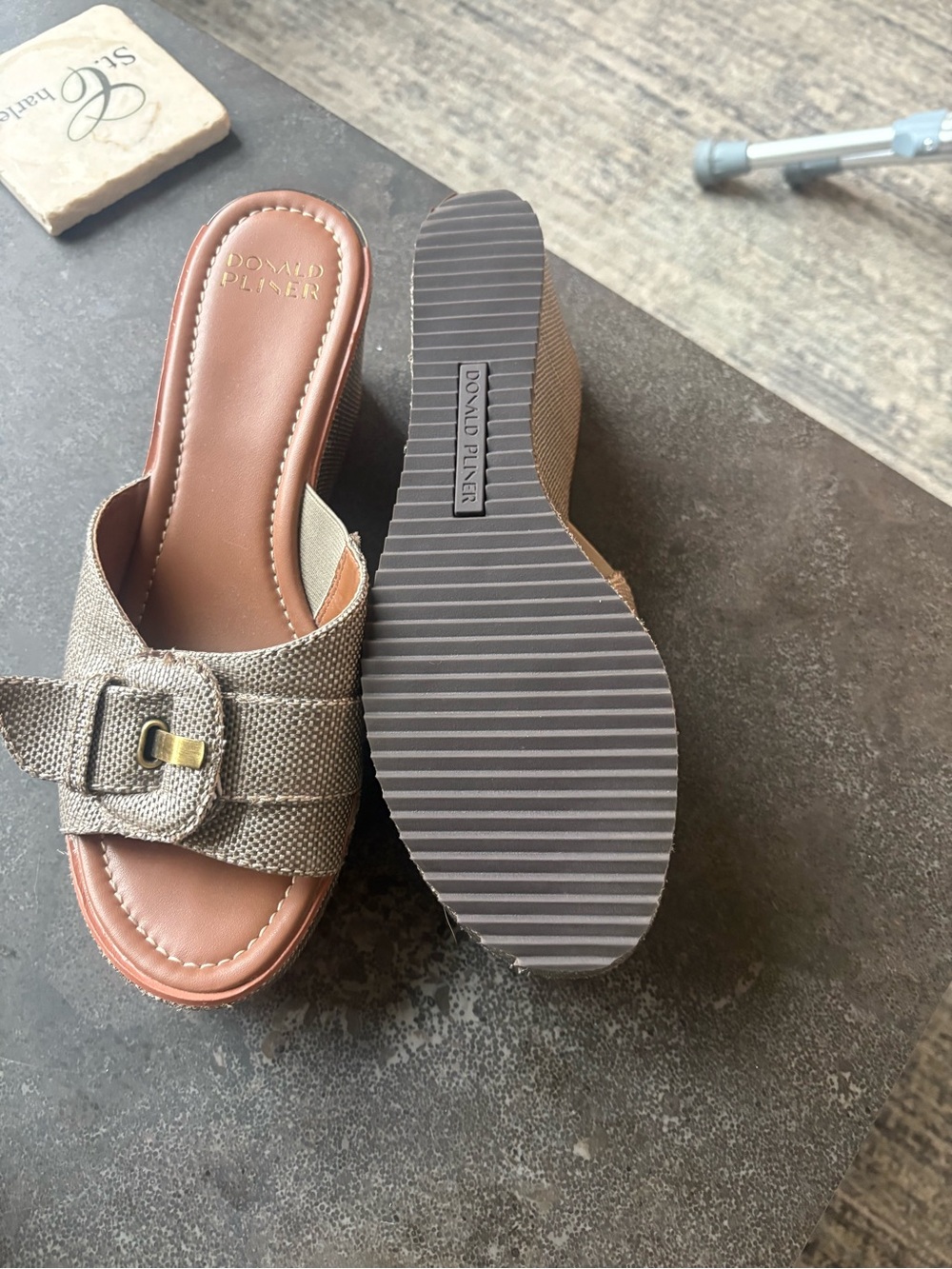 Donald J. Pliner Beige Woven Wedge Slide Mules with Buckle